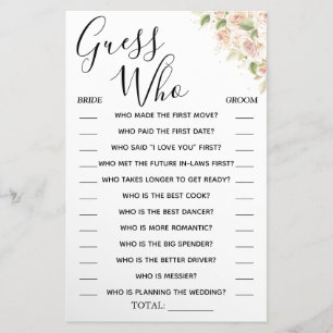 Floral Guess Who Bridal shower game card 