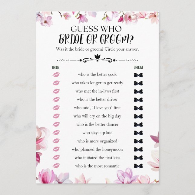 Floral guess who bride or groom bridal shower game invitation (Front)