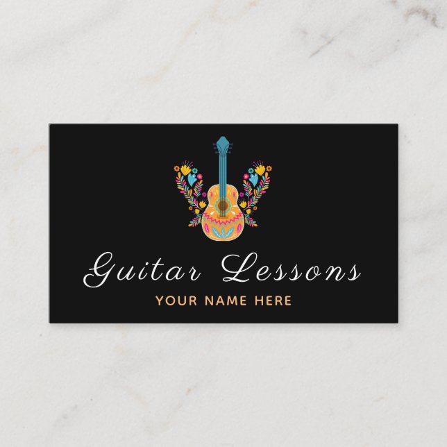 Floral Guitar Lessons Musical Minimalistic Black Business Card (Front)