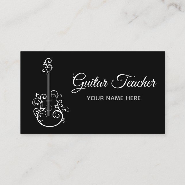 Floral Guitar Musical Instrument Teacher Elegan Business Card (Front)