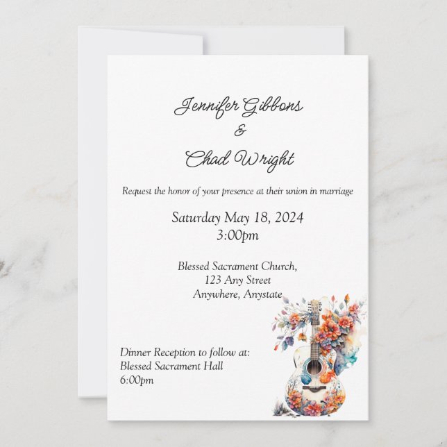 Floral Guitar Wedding Invitation, 5x7"  Invitation (Front)
