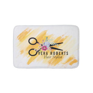 Floral Hair Stylist Gold Scissor & Beauty Salon Bath Mat