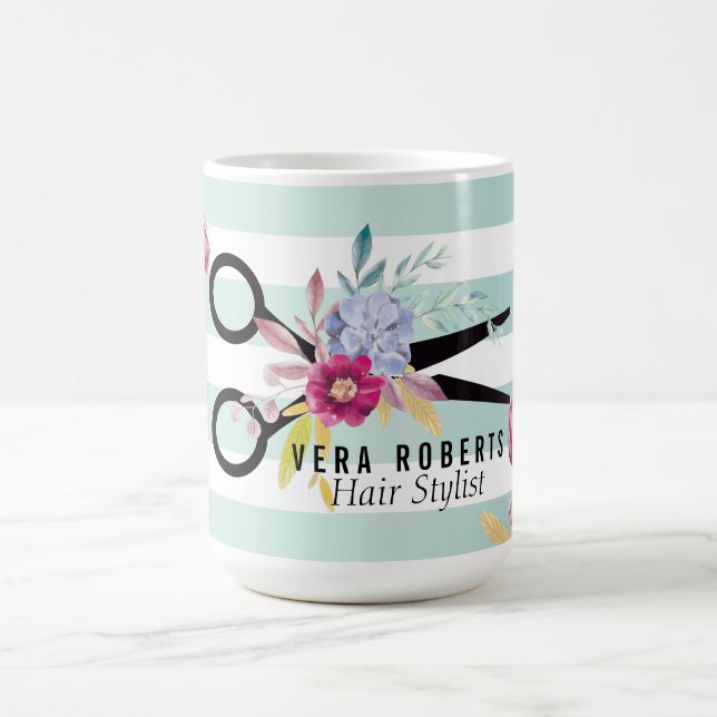 Floral Hair Stylist Gold Scissor & Beauty Striped Coffee Mug (Center)