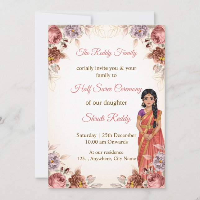 Floral Half Saree Ceremony Invitation (Front)
