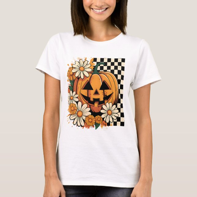 Floral Halloween Fall Pumpkin T-Shirt (Front)
