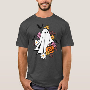 Floral Halloween Ghost Pumpkin Spooky Season Funny T-Shirt