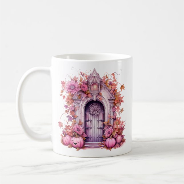 Floral Halloween Pink Haunted House Coffee Mug (Left)