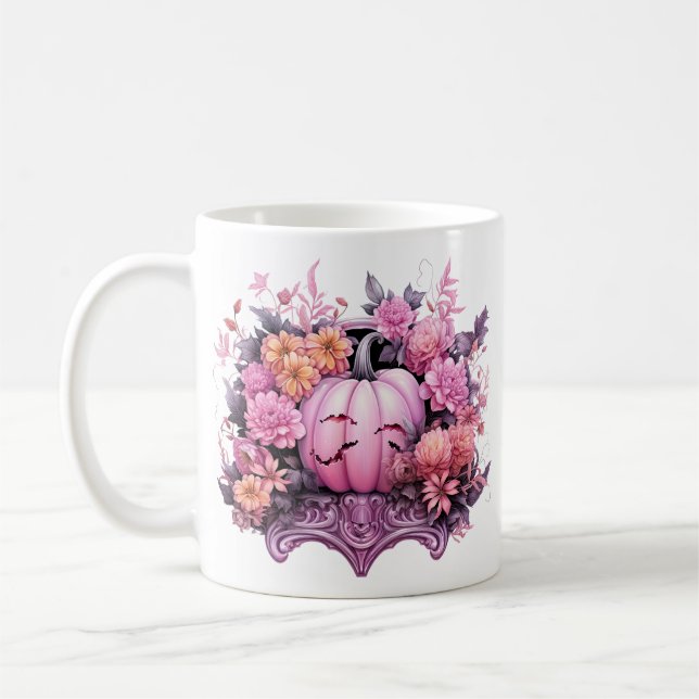 Floral Halloween Pink Pumpkin Coffee Mug (Left)