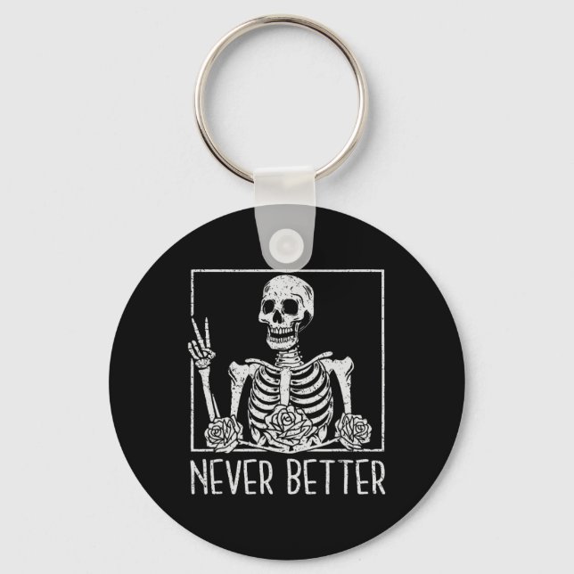Floral Halloween Skeleton Drinking Coffee Never Be Key Ring (Front)