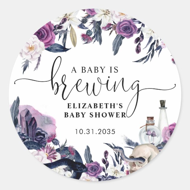 Floral Halloween Skull Baby is Brewing Shower Classic Round Sticker (Front)