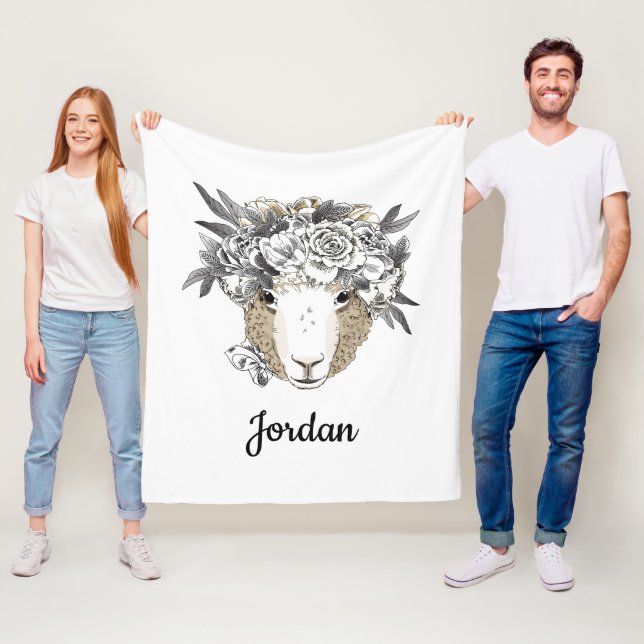Floral Halo Sheep | Add Your Name Fleece Blanket (In Situ)