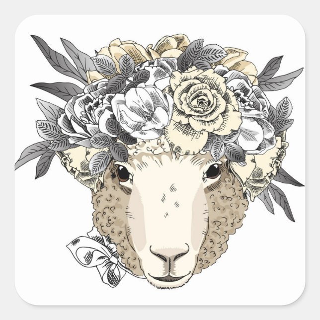 Floral Halo Sheep Square Sticker (Front)