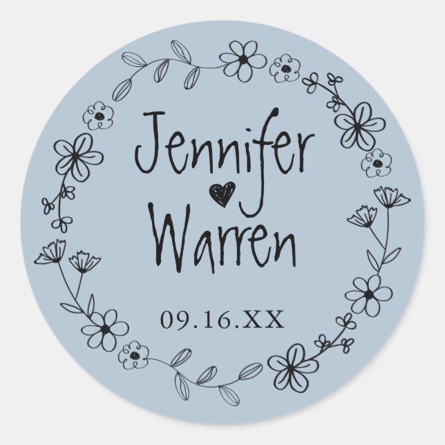 Floral Hand Drawn Wreath Personalised Dusty Blue Classic Round Sticker (Front)