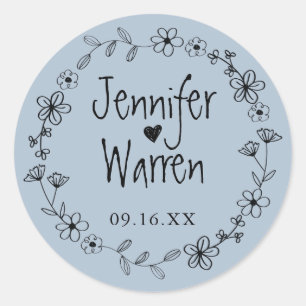 Floral Hand Drawn Wreath Personalised Dusty Blue Classic Round Sticker