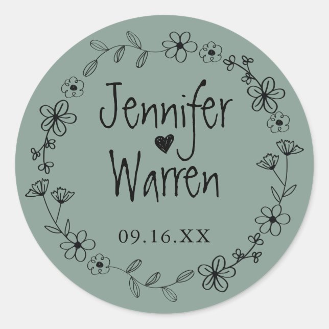 Floral Hand Drawn Wreath Personalised Green Classic Round Sticker (Front)