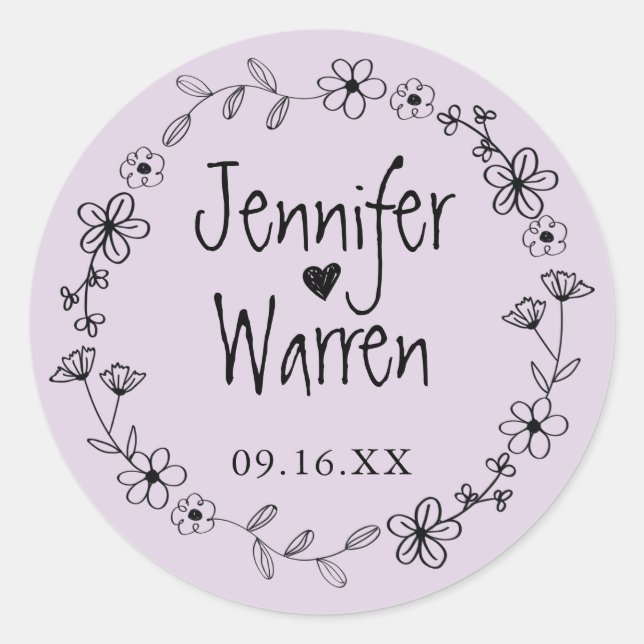 Floral Hand Drawn Wreath Personalised Lavender Classic Round Sticker (Front)