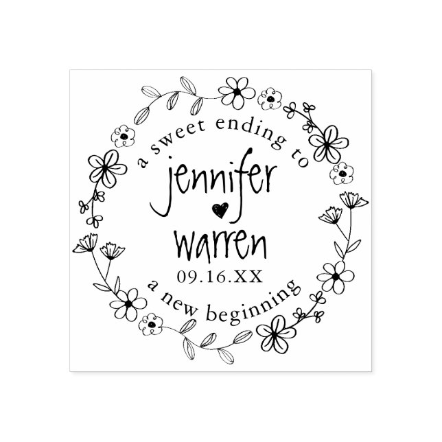 Floral Hand Drawn Wreath Personalised Wedding Rubber Stamp (Imprint)