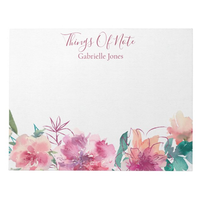 Floral Hand Lettered "Things Of Note" Notepad (Front)