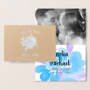 Floral Hand Painted Blue  Save the Date Foil Card