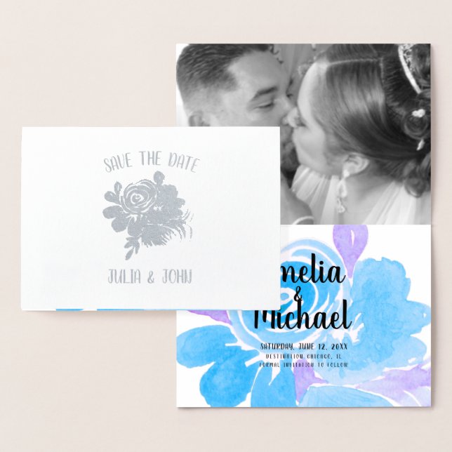 Floral Hand Painted Blue  Save the Date Foil Card (Display)