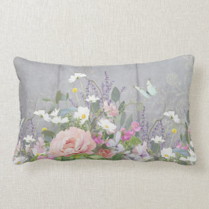 Floral Hand Painted Peony Wild Flowers Rustic Wood Lumbar Cushion