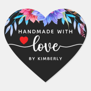 Floral Handmade with Love Black Heart Sticker
