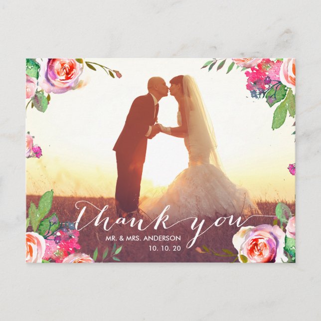Floral Handwriting 2 Photo Wedding Thank You Postcard (Front)
