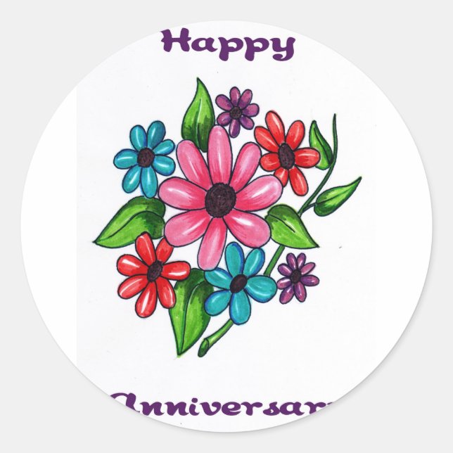 Floral Happy Anniversary Classic Round Sticker (Front)
