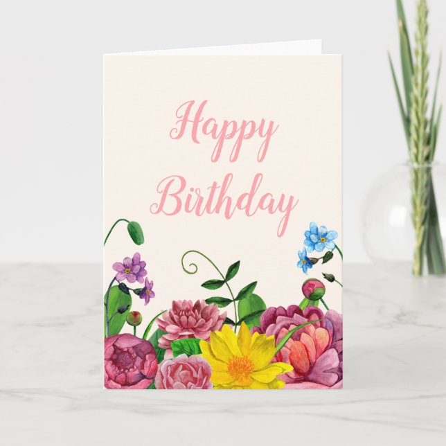Floral happy birthday card. Watercolor flowers Card (Front)