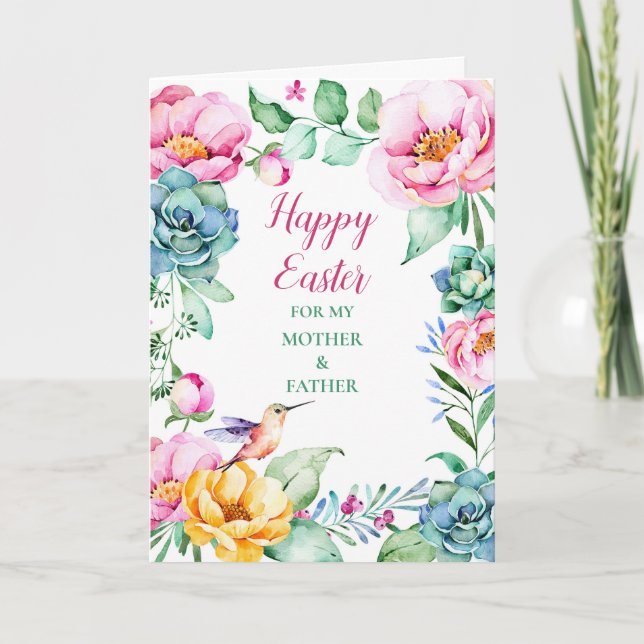 Floral Happy Easter Mother and Father Holiday Card (Front)