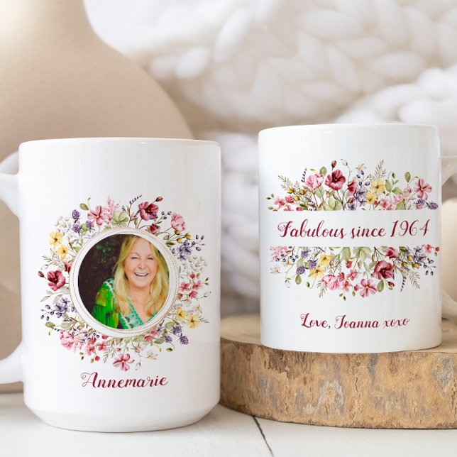 Floral Happy Fabulous Since Birthday Photo Coffee Mug (Creator Uploaded)