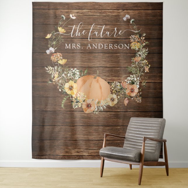Floral Harvest Pumpkin Bridal Backdrop Photo Booth Tapestry (In Situ)