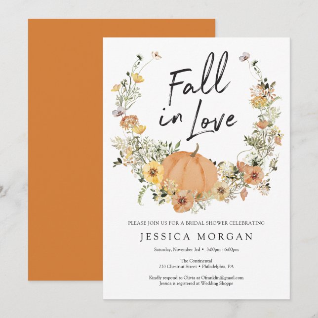 Floral Harvest Pumpkin Fall in Love Bridal Shower  Invitation (Front/Back)