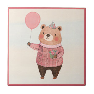 Floral Hat Bear with Pink Plaid Sweater Tile