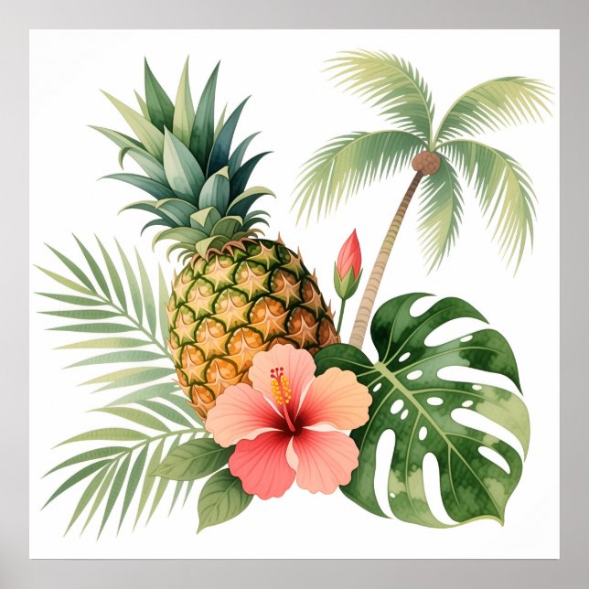 Floral Hawaii Pineapple & Hibiscus Summer Name Poster (Front)