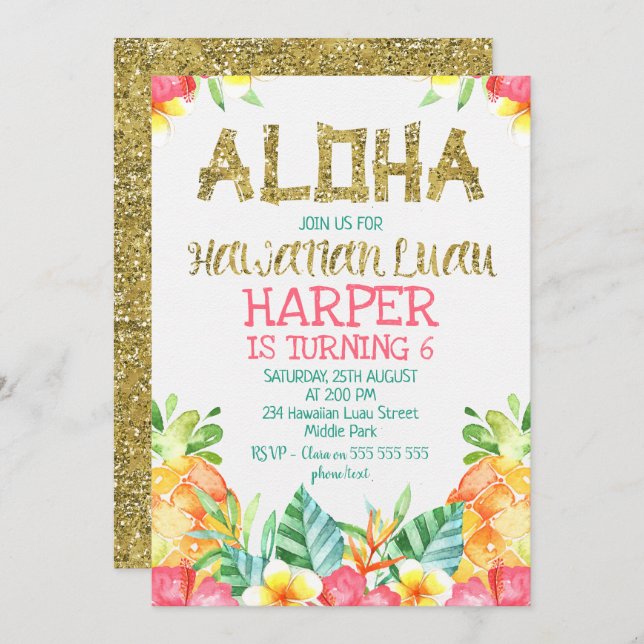 Floral Hawaiian Luau Birthday Invitation (Front/Back)