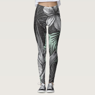 Floral Hawaiian Pattern With Light Green  Leggings