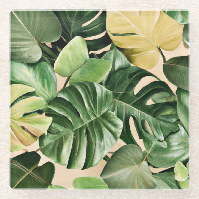 Floral/Hawaiian/Tropical leaf Glass Coaster (Front)