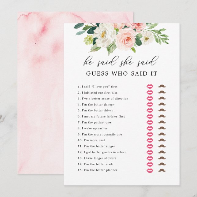 Floral He Said She Said Bridal Shower Game Cards (Front/Back)