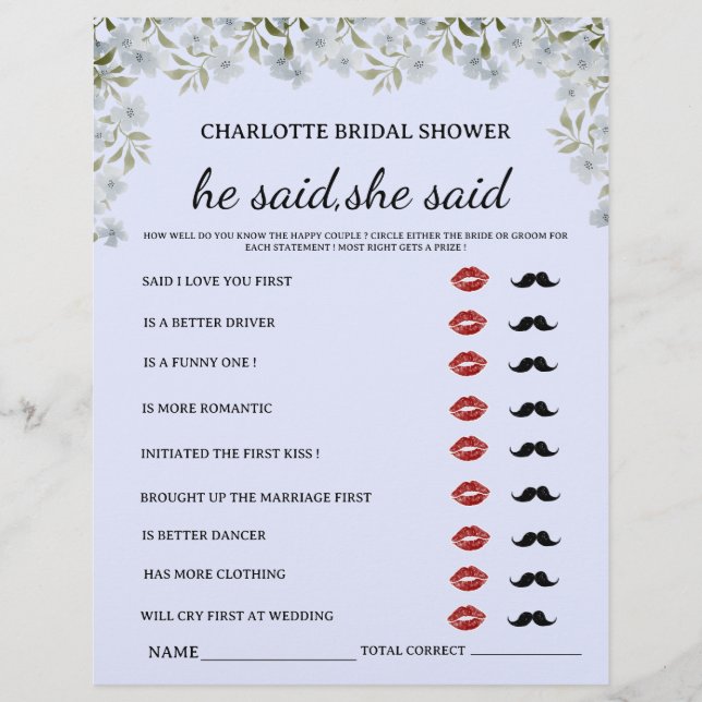 Floral He said She said Bridal Shower Game Flyer (Front)