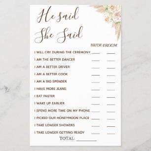 Floral He said She Said shower game card