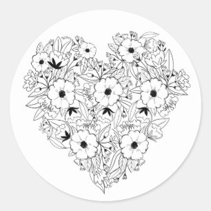 Floral Heart Anemones Black White Flowers Wedding Classic Round Sticker