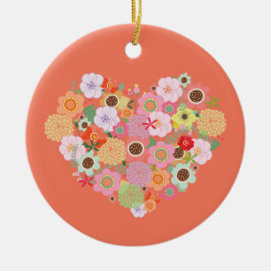 Floral Heart Art Love Colourful OWN TEXT Keepsake Ceramic Tree Decoration