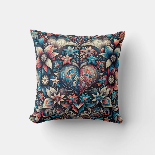 "Floral Heart Centred Throw Pillow (Front)