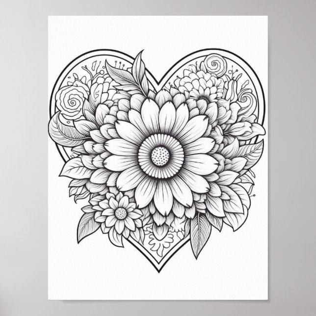 Floral Heart Colouring Poster (Front)