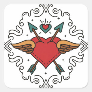 Floral Heart Cupid Tattoo Square Sticker