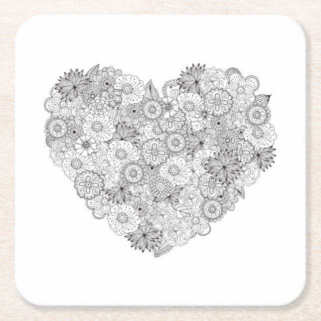 Floral Heart Doodle Square Paper Coaster (Front)
