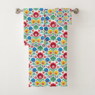 Floral Heart Folk Art Pattern Bath Towel Set