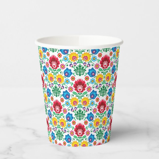 Floral Heart Folk Art Pattern Paper Cups (Left)