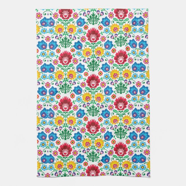 Floral Heart Folk Art Pattern Tea Towel (Vertical)